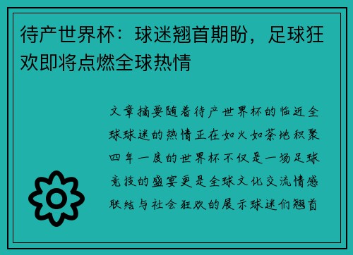 待产世界杯：球迷翘首期盼，足球狂欢即将点燃全球热情
